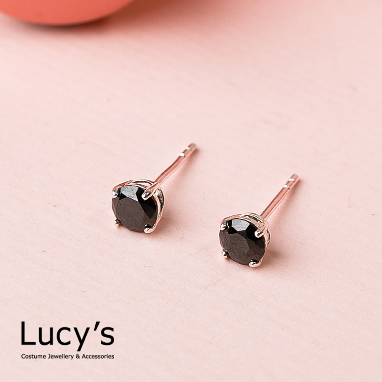 925純銀 黑夜基本款單鑽耳環 - 0.5 cm (23218)