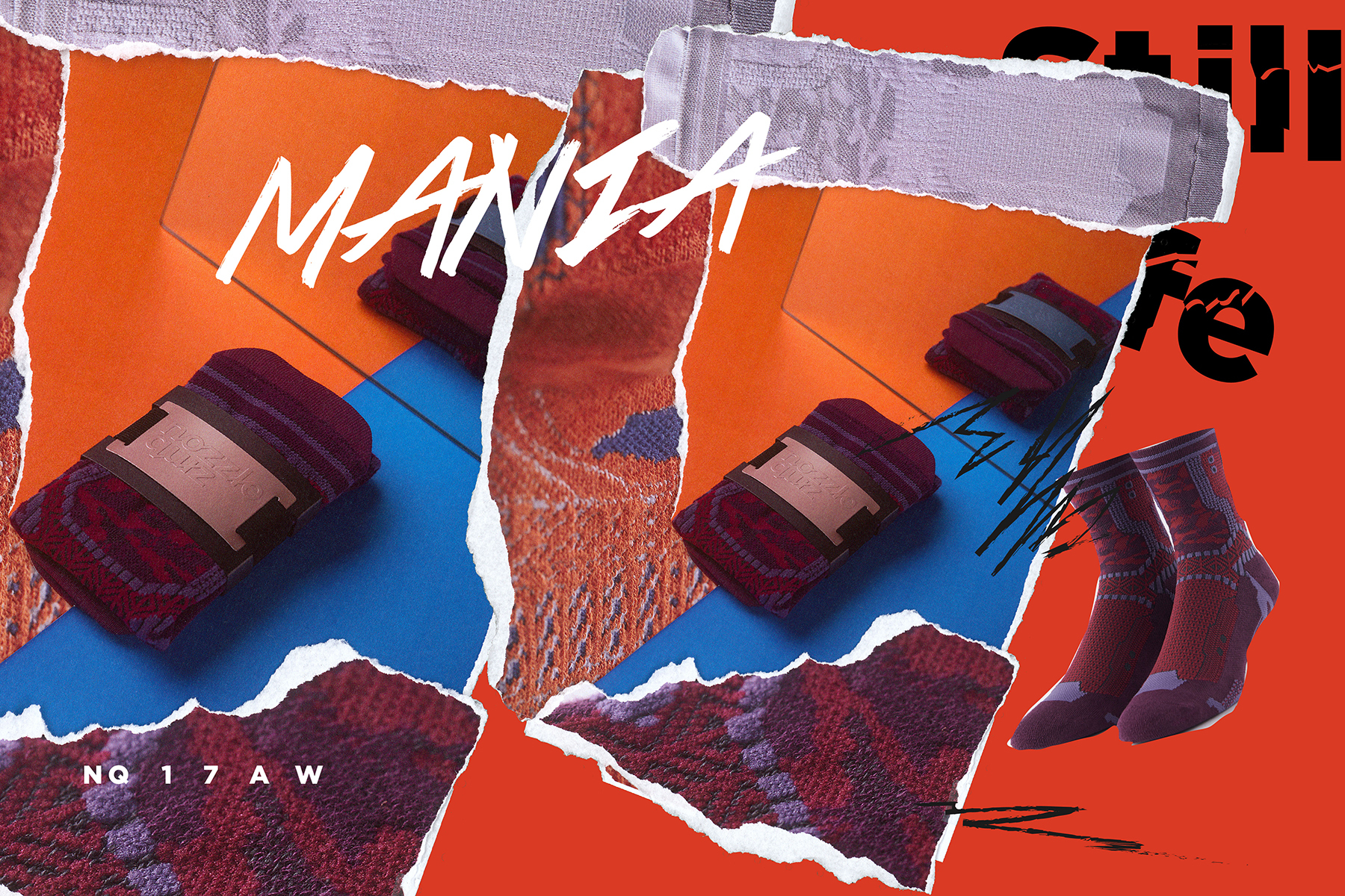 台灣街頭襪子品牌 nozzle quiz，以機能襪履為出發，利用拼貼手法與色彩衝撞，以"靜物畫"為概念，創作出寧靜中帶出街頭動能的LOOK