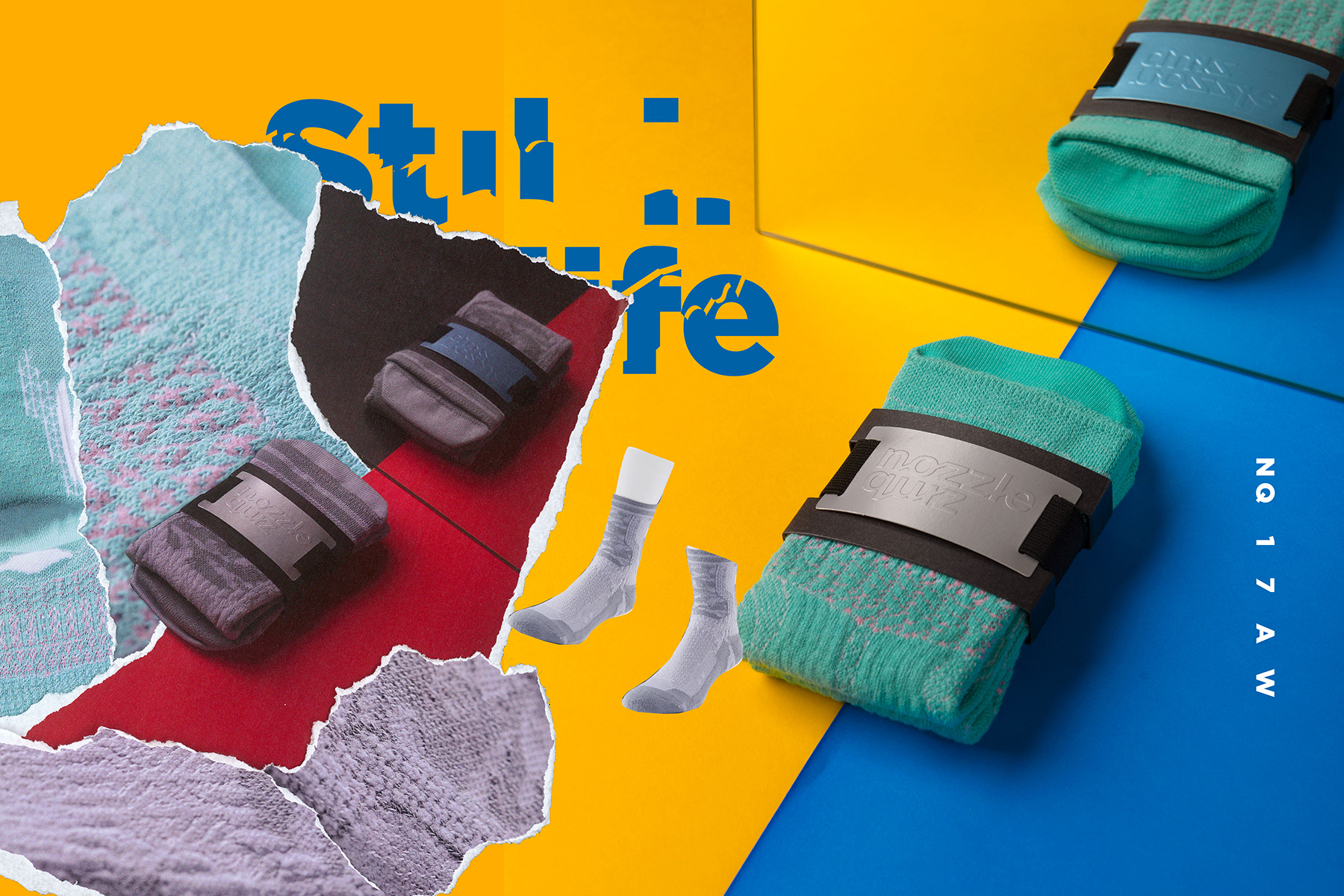 台灣街頭襪子品牌 nozzle quiz，以機能襪履為出發，利用拼貼手法與色彩衝撞，以"靜物畫"為概念，創作出寧靜中帶出街頭動能的LOOK