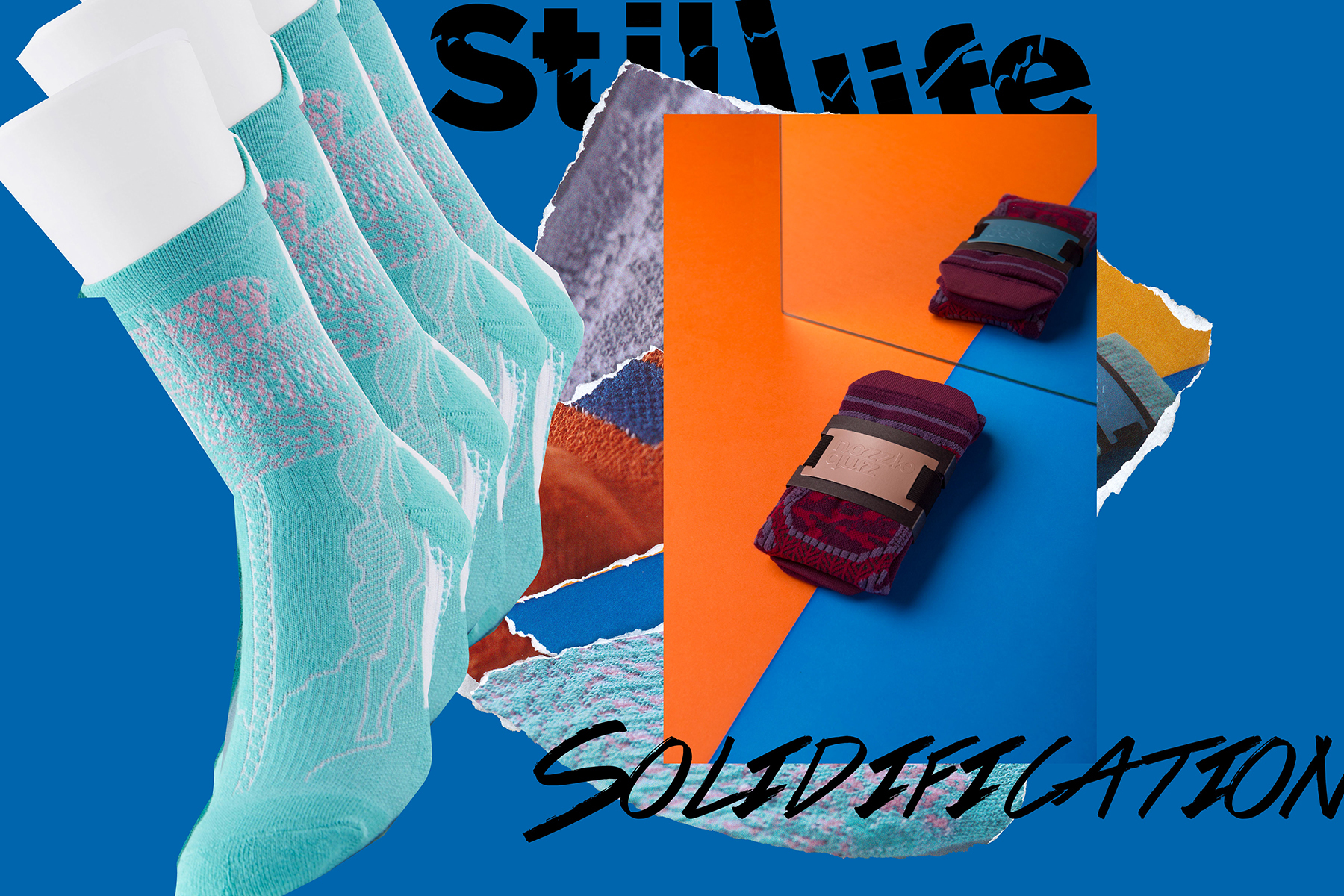 台灣街頭襪子品牌 nozzle quiz，以機能襪履為出發，利用拼貼手法與色彩衝撞，以"靜物畫"為概念，創作出寧靜中帶出街頭動能的LOOK