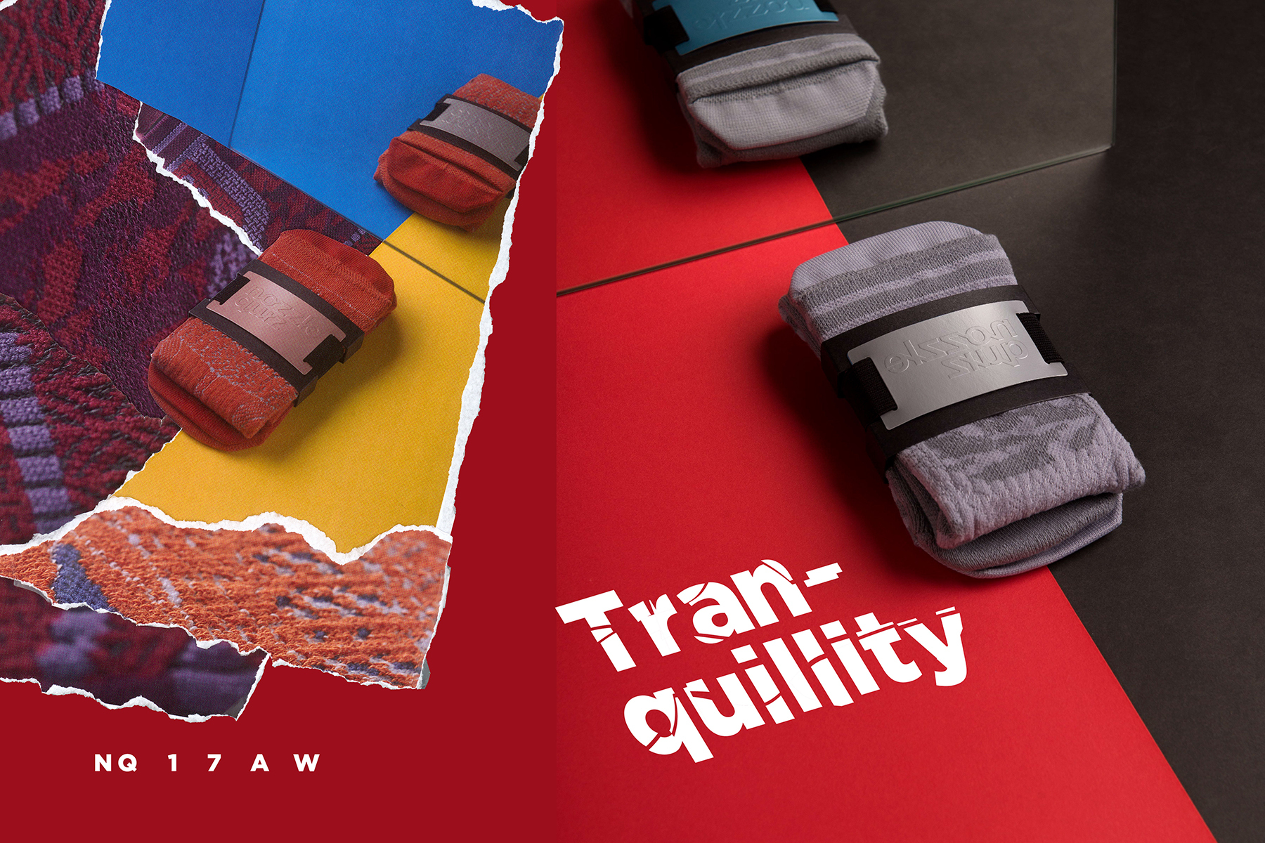 台灣街頭襪子品牌 nozzle quiz，以機能襪履為出發，利用拼貼手法與色彩衝撞，以"靜物畫"為概念，創作出寧靜中帶出街頭動能的LOOK