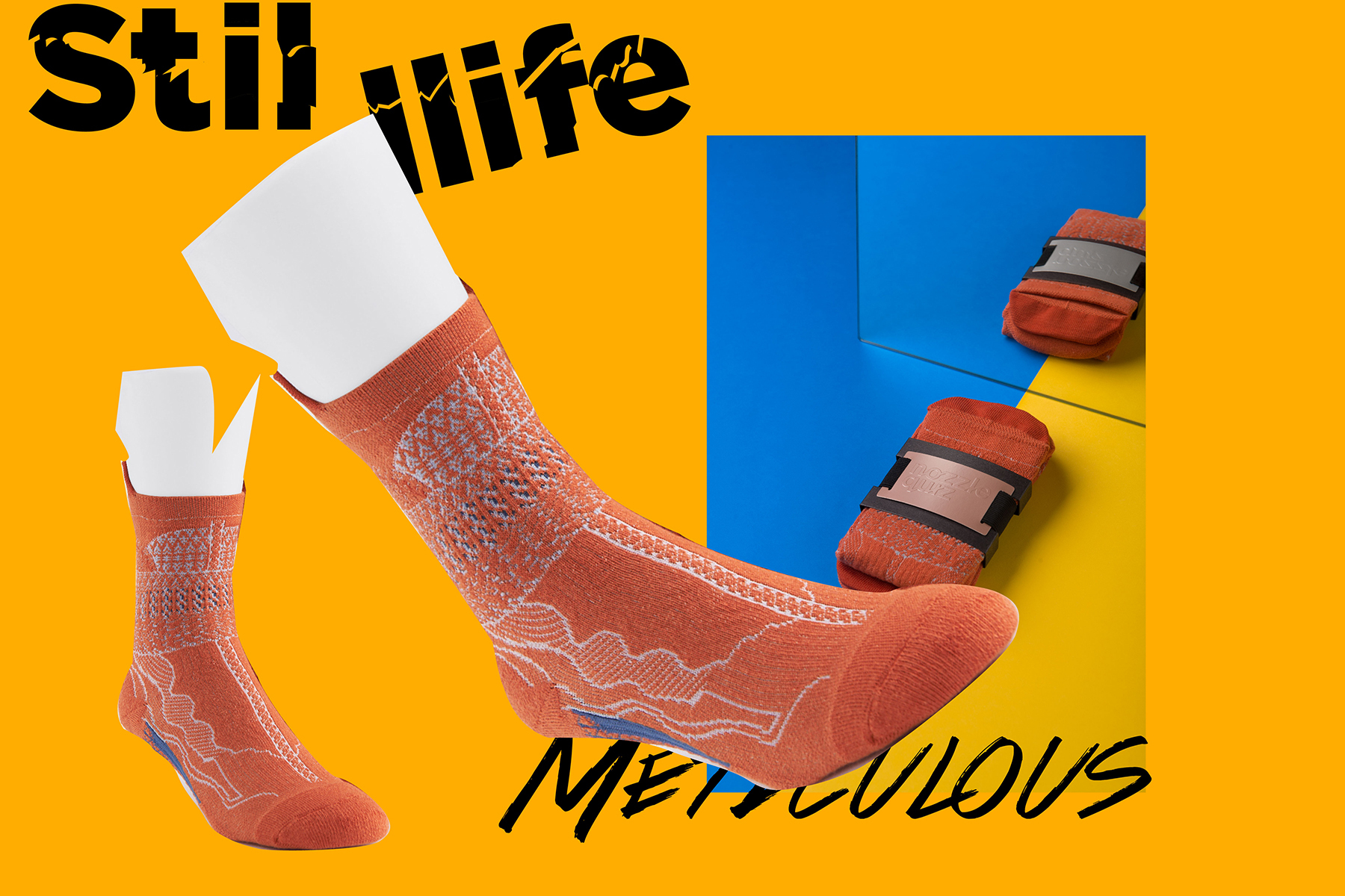 台灣街頭襪子品牌 nozzle quiz，以機能襪履為出發，利用拼貼手法與色彩衝撞，以"靜物畫"為概念，創作出寧靜中帶出街頭動能的LOOK