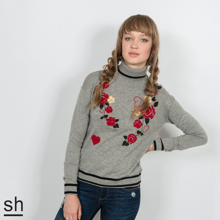 【SH】高領繡玫瑰雙白線針織長袖上衣