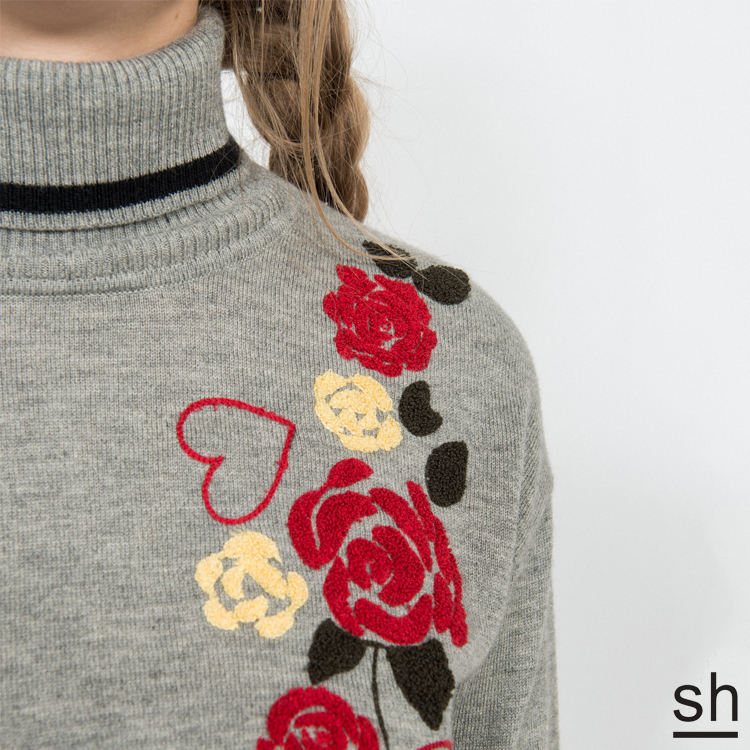 【SH】高領繡玫瑰雙白線針織長袖上衣