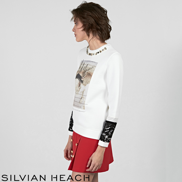 【SILVIAN EHACH】袖口蕾絲拼接圖案長袖T恤