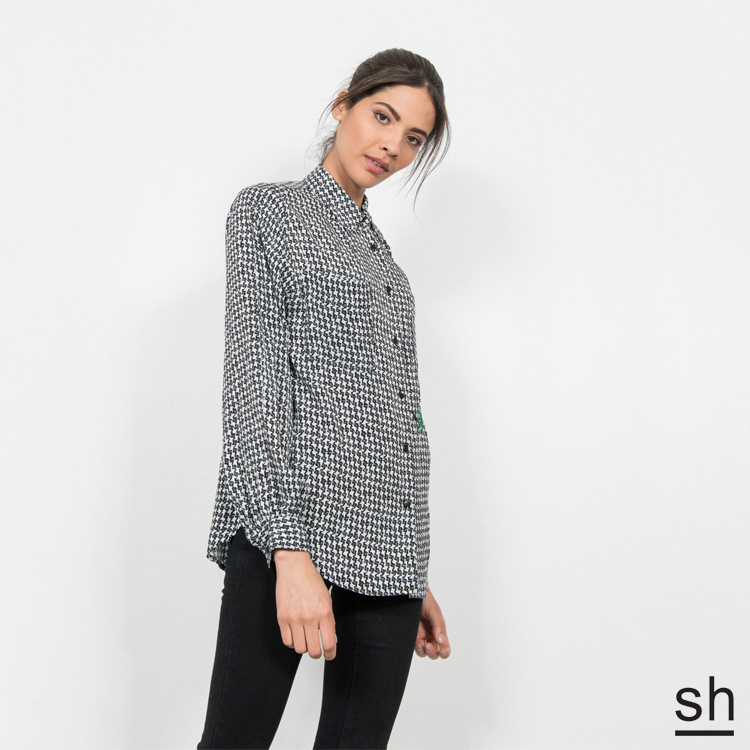 【SH】亮片刺繡千鳥格長袖襯衫