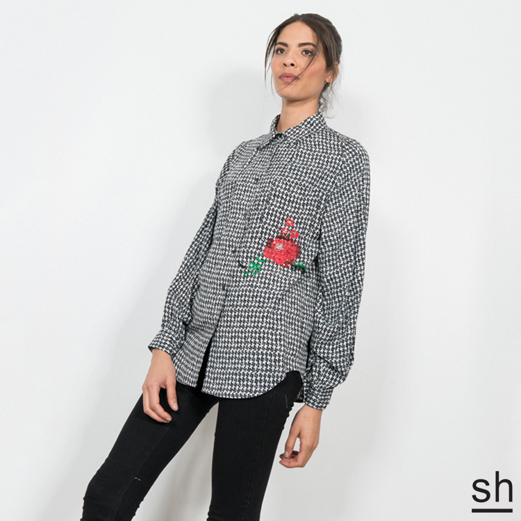 【SH】亮片刺繡千鳥格長袖襯衫