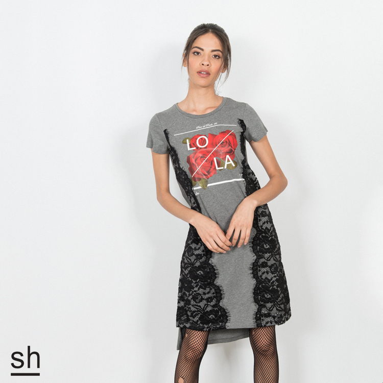 【SH】LOLA玫瑰側蕾絲一件式T恤洋裝