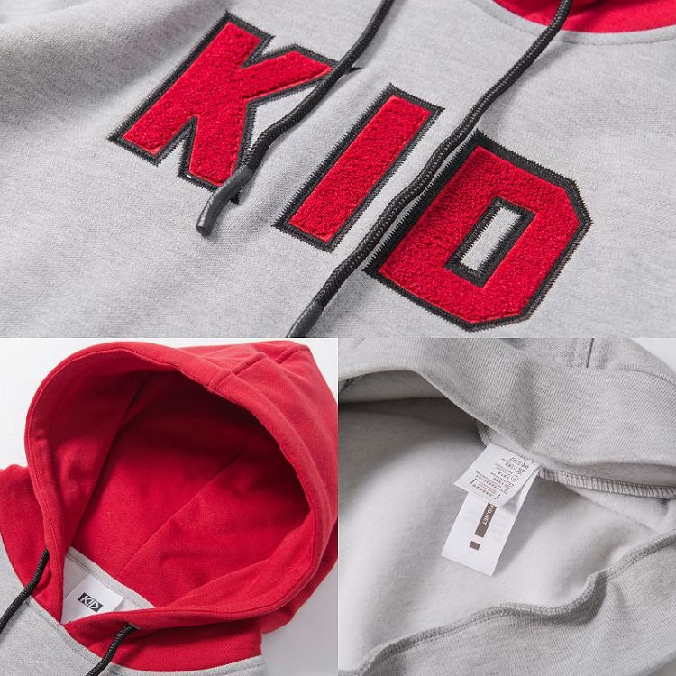 KID ® 毛巾刺繡拼接帽T 灰