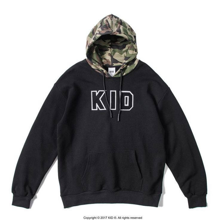 KID ® 毛巾刺繡拼接帽T 黑