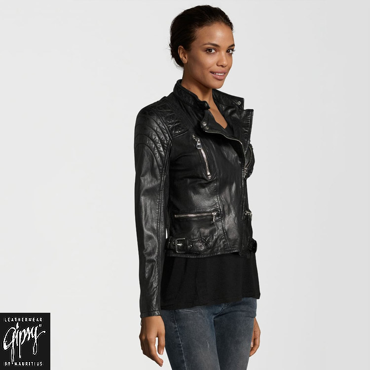 History肩膀壓紋騎士領皮衣