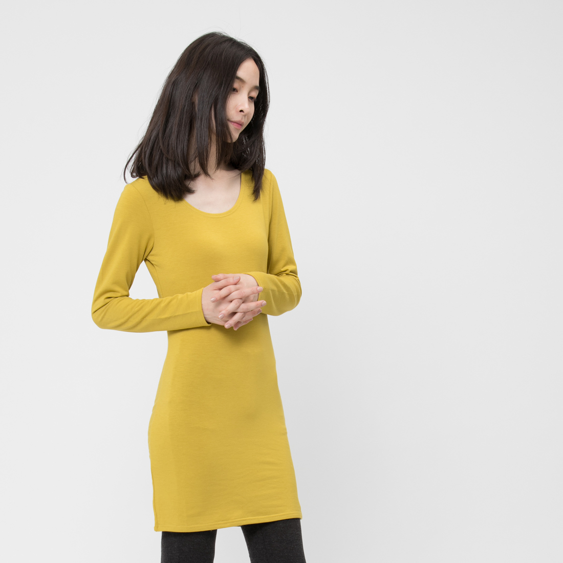 刷毛柔暖長版內搭衣/芥黃