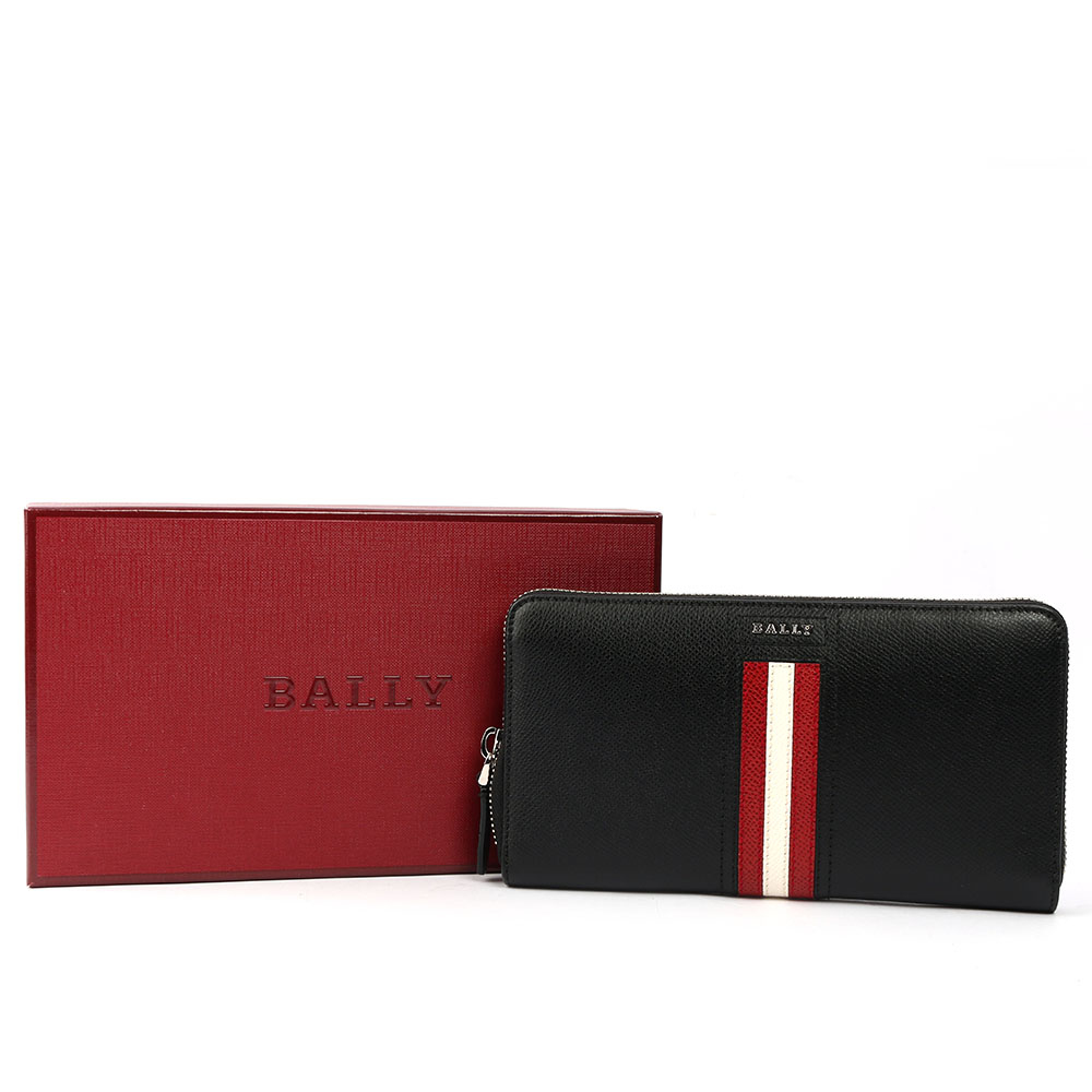 【BALLY】防刮牛皮紅白條紋ㄇ型拉鏈長夾