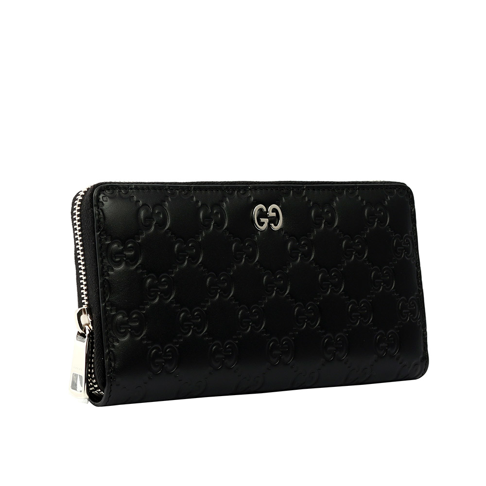 【GUCCI】銀色GG Logo牛皮壓紋ㄇ型長夾