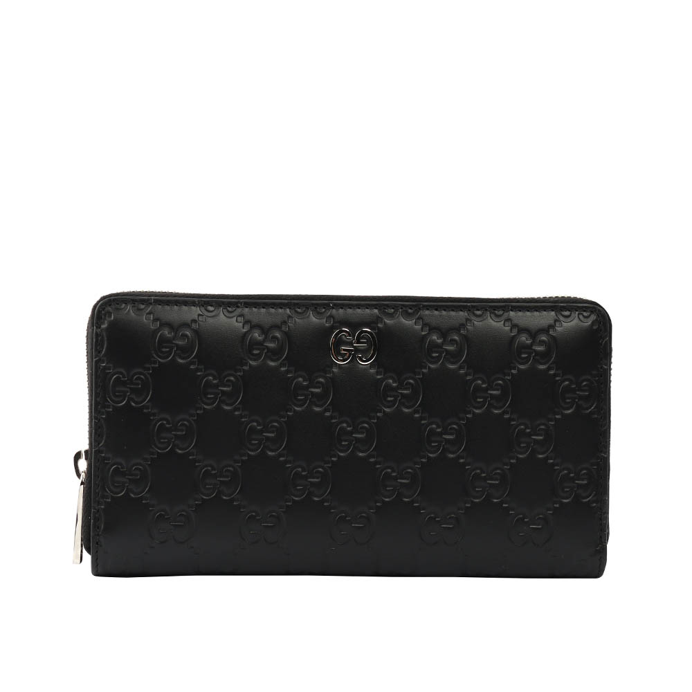 【GUCCI】銀色GG Logo牛皮壓紋ㄇ型長夾