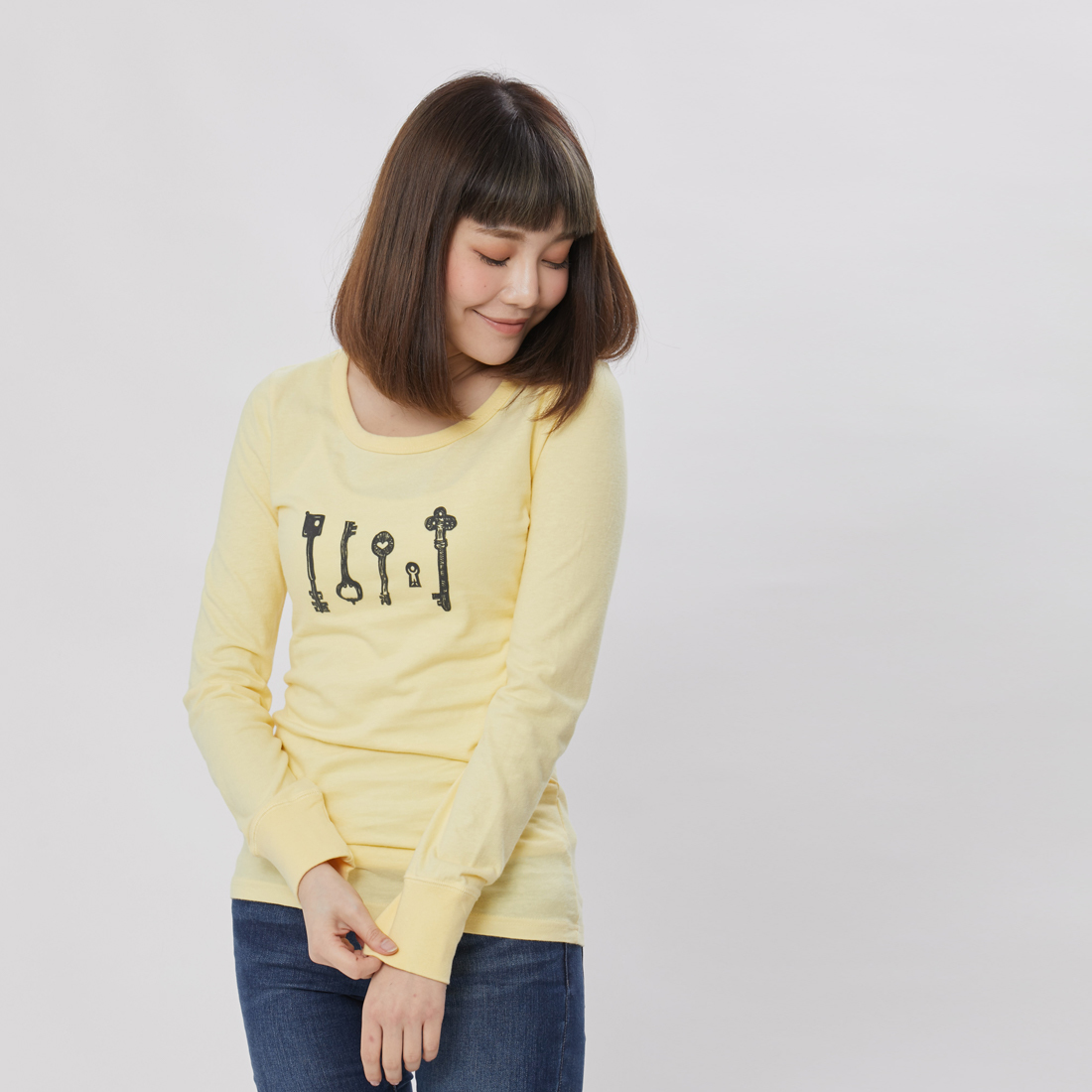 keyman 長袖 蜜桃棉 女T 鵝黃色