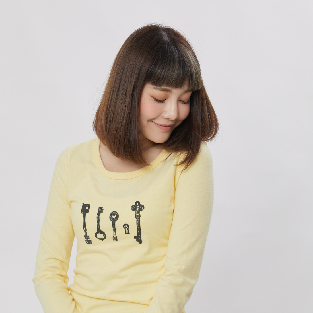 keyman 長袖 蜜桃棉 女T 鵝黃色