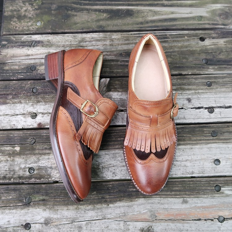 【老英格蘭】牛皮真皮流蘇馬毛撞色孟克紳士女鞋