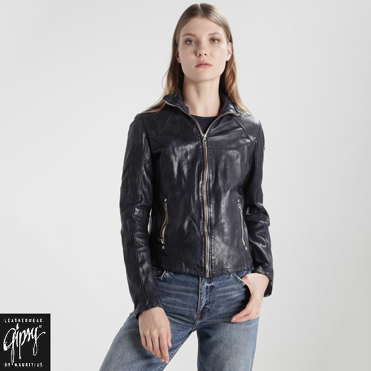 Elya金拉鍊撞色襯衫領皮衣