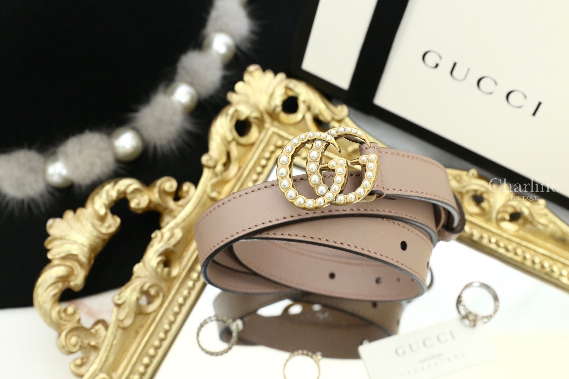 Gucci Leather Belt With Pearl Double G Buckle 粉色金色珍珠GG Logo細版2cm小牛皮皮帶