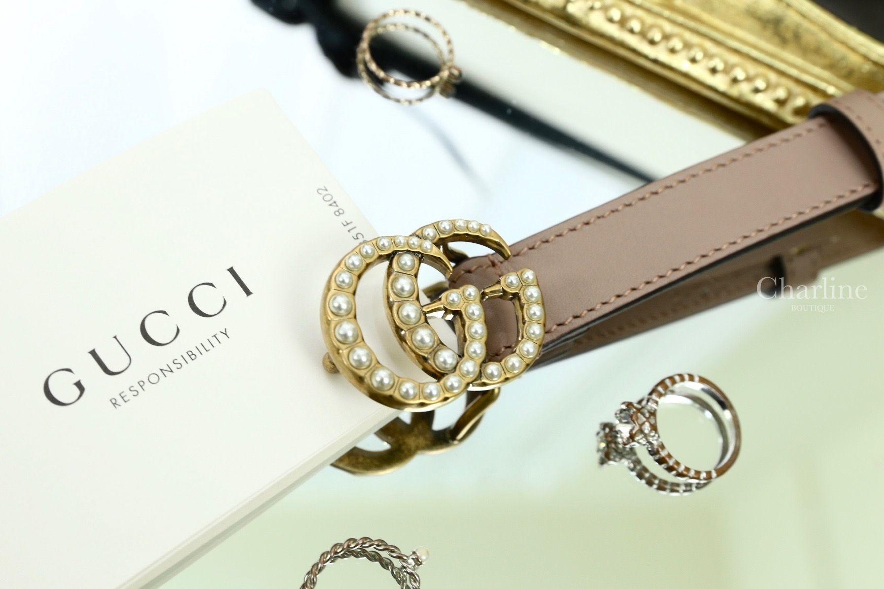 Gucci Leather Belt With Pearl Double G Buckle 粉色金色珍珠GG Logo細版2cm小牛皮皮帶