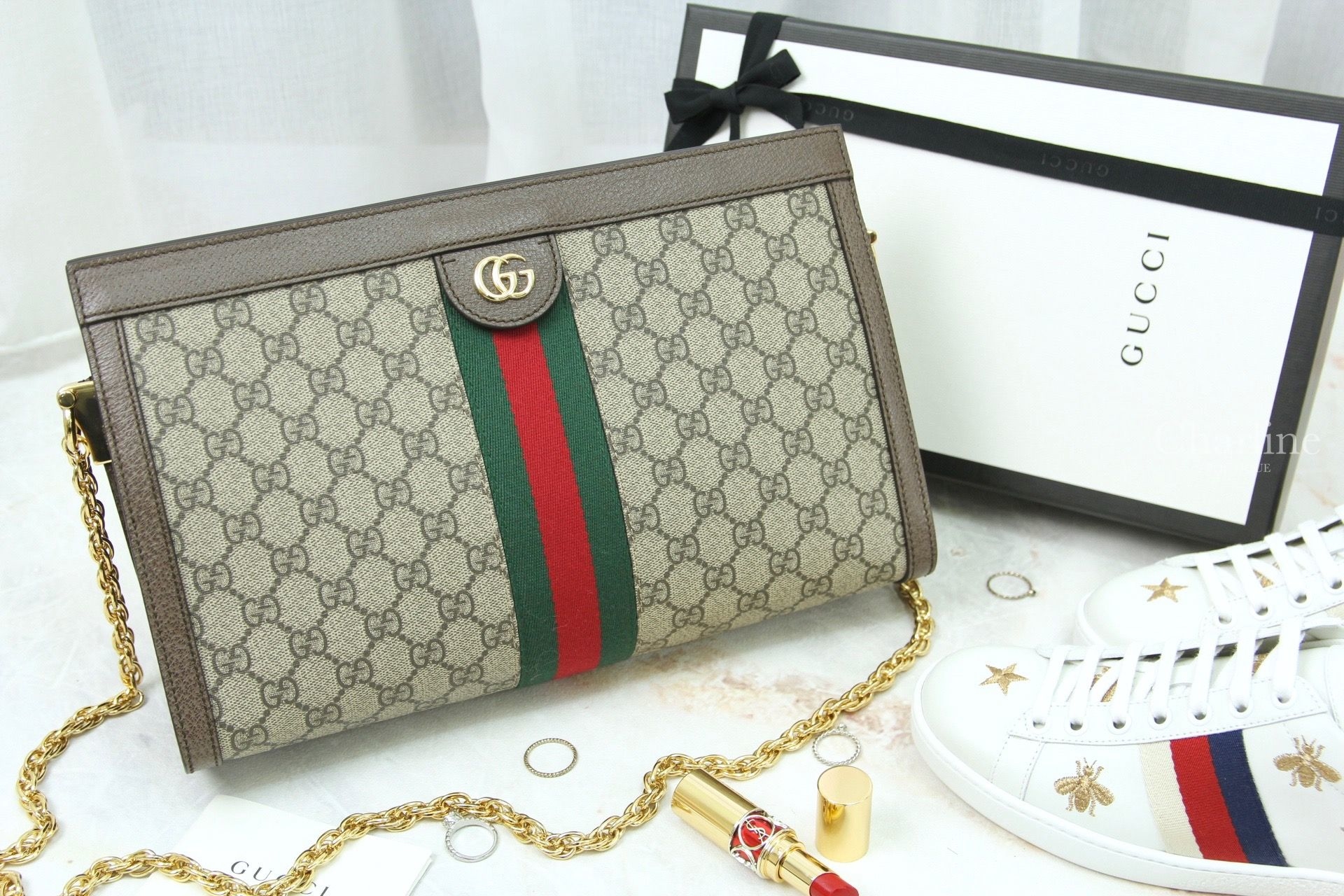 Gucci Ophidia GG Supreme Medium Shoulder Bag 米色/烏木色GG紅綠條紋中型肩背包