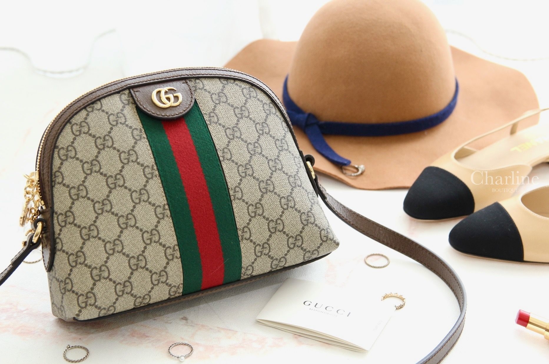 Gucci Ophidia GG Shoulder Bag 米色/烏木色GG紅綠條紋肩背包  ‎