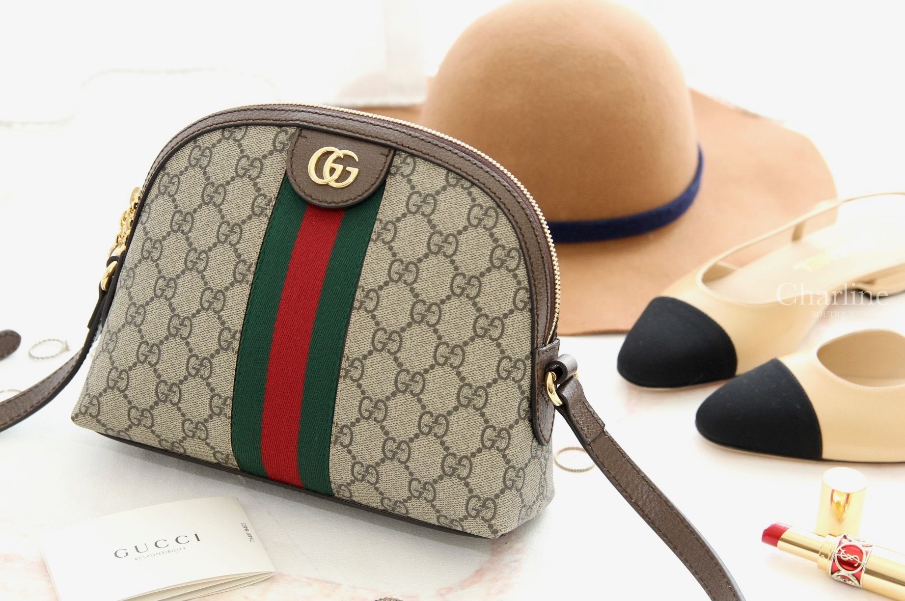 Gucci Ophidia GG Shoulder Bag 米色/烏木色GG紅綠條紋肩背包  ‎