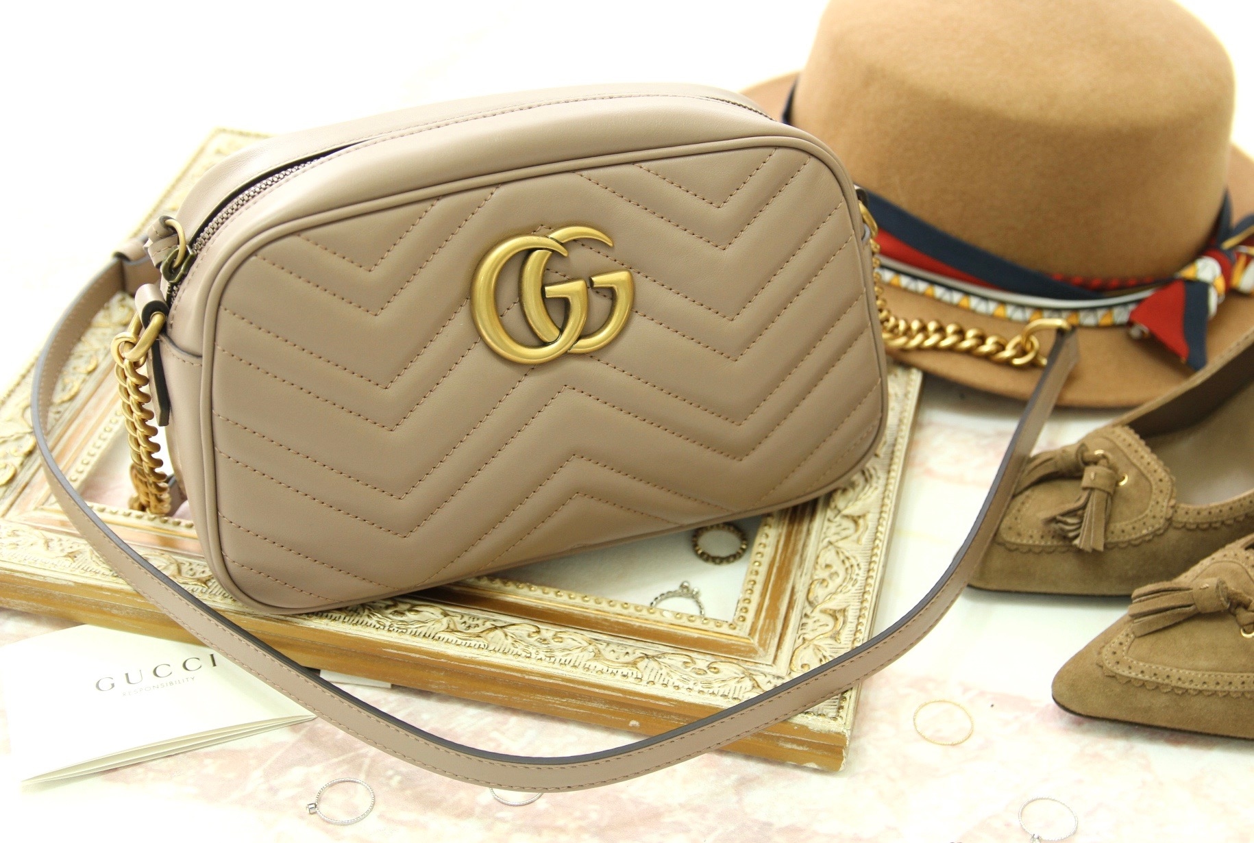 Gucci GG Marmont Matelassé Shoulder Bag 裸膚色古銅金GG小型肩背包