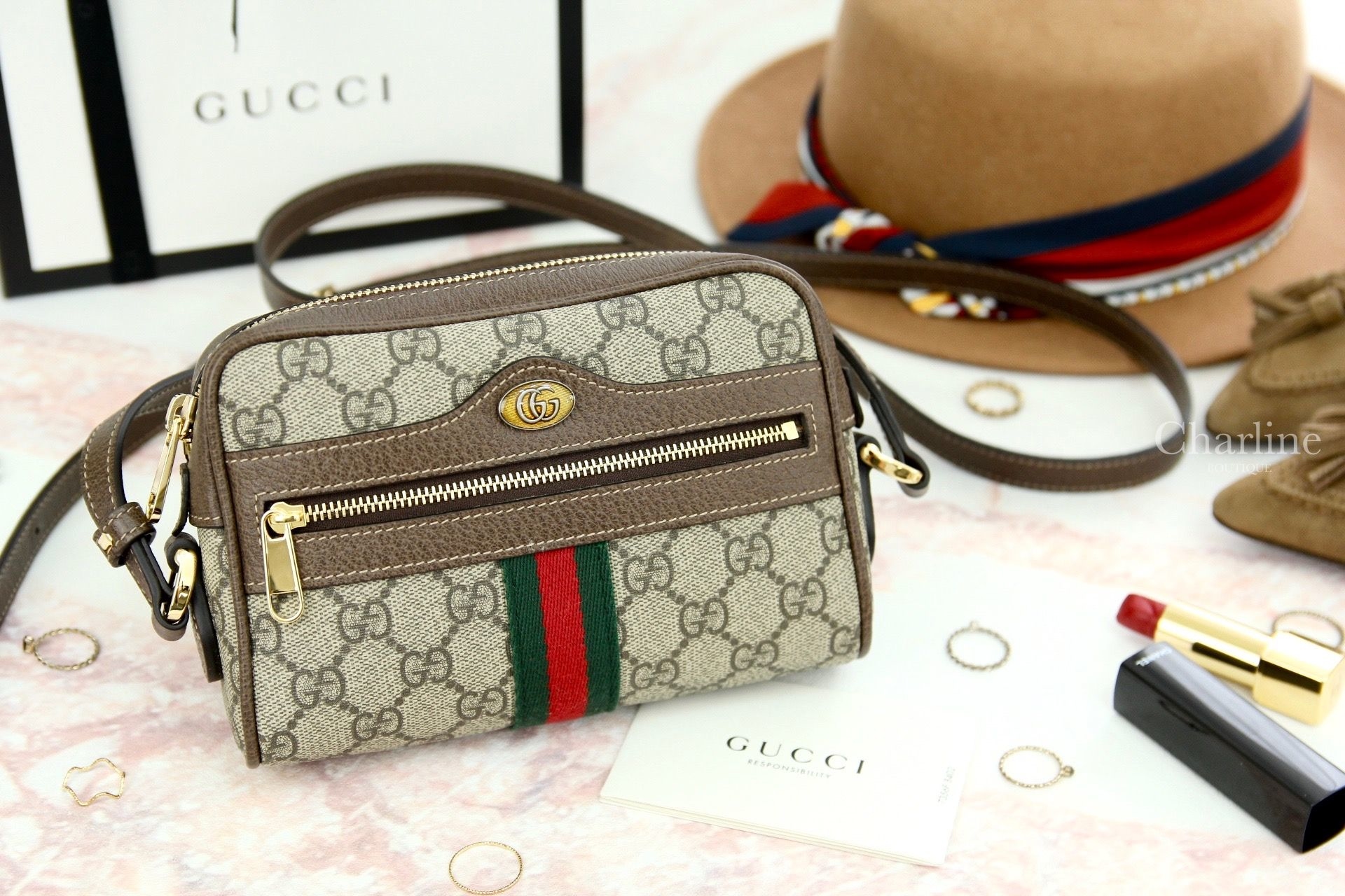 Gucci Ophidia GG Supreme mini bag 米色/烏木色GG紅綠條紋迷你肩背包  ‎
