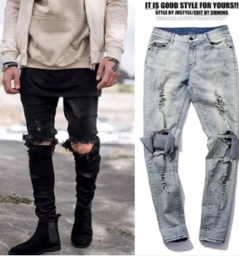 大破壞修身牛仔褲 膝蓋破褲