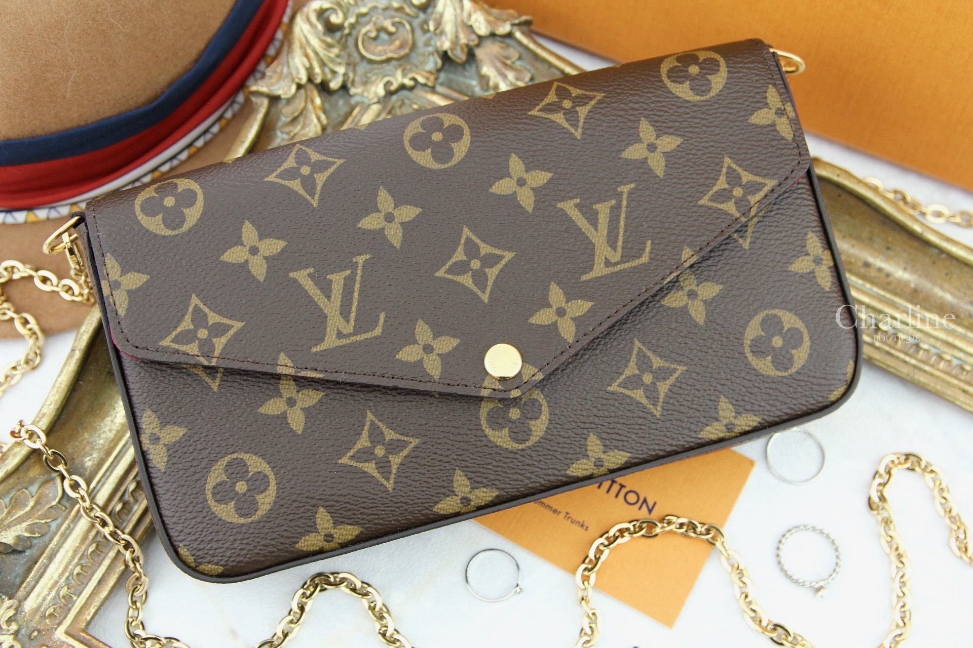 Louis Vuitton Pochette Felicie 咖啡色酒紅內裡鍊帶長夾