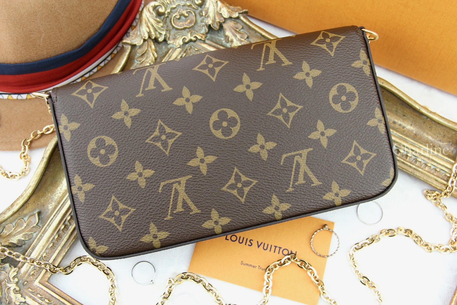 Louis Vuitton Pochette Felicie 咖啡色酒紅內裡鍊帶長夾-Charline Boutique 精品代購