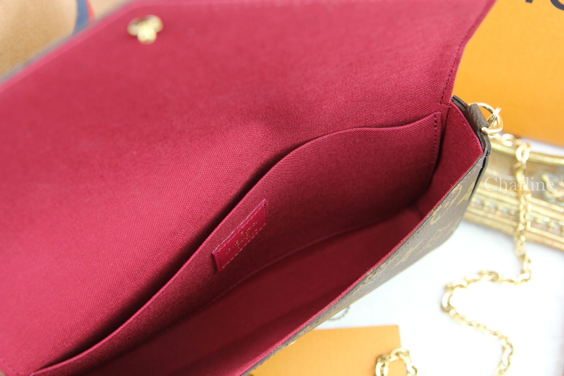 Louis Vuitton Pochette Felicie 咖啡色酒紅內裡鍊帶長夾-Charline Boutique 精品代購