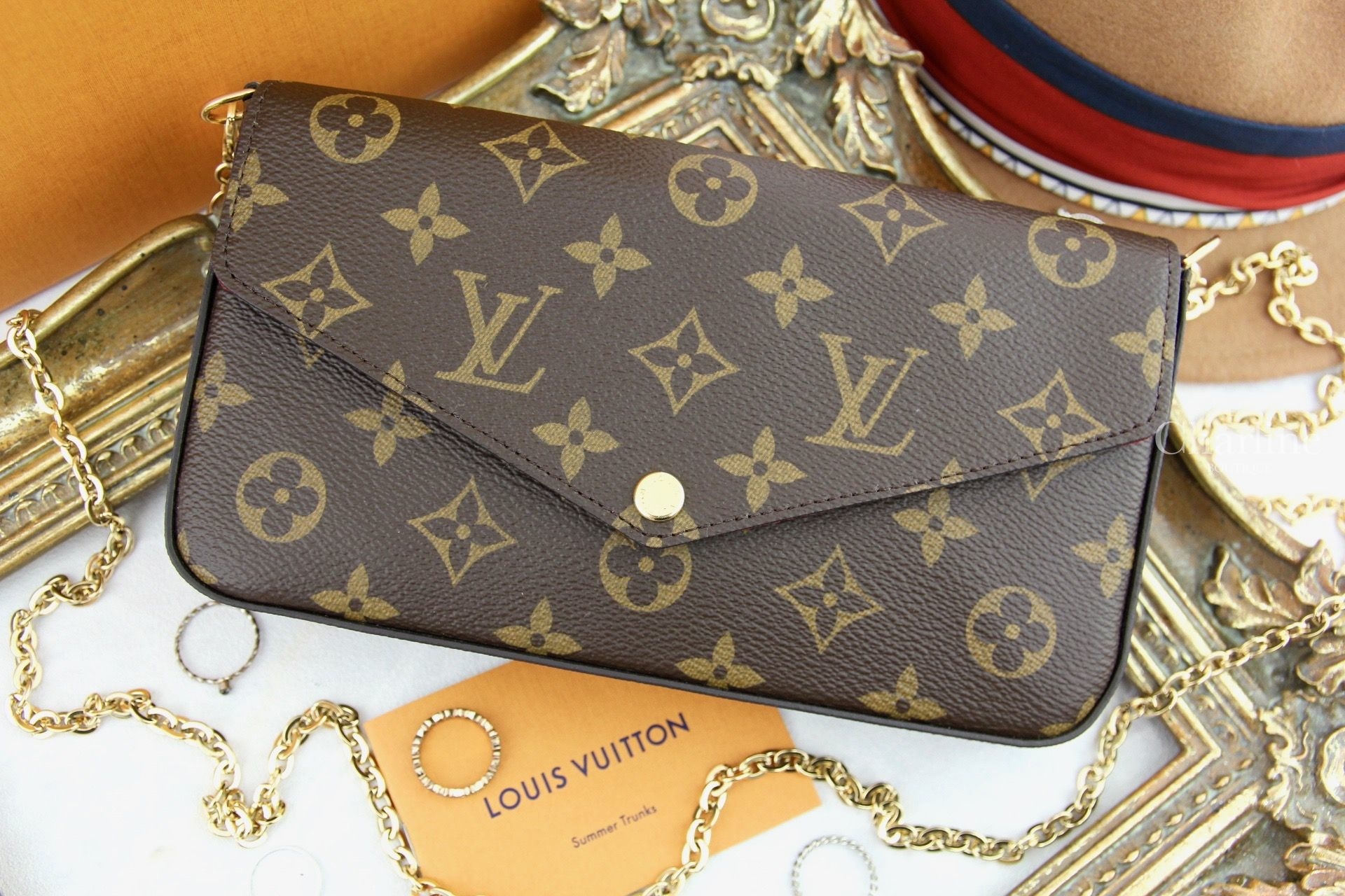 Louis Vuitton Pochette Felicie 咖啡色酒紅內裡鍊帶長夾-Charline Boutique 精品代購