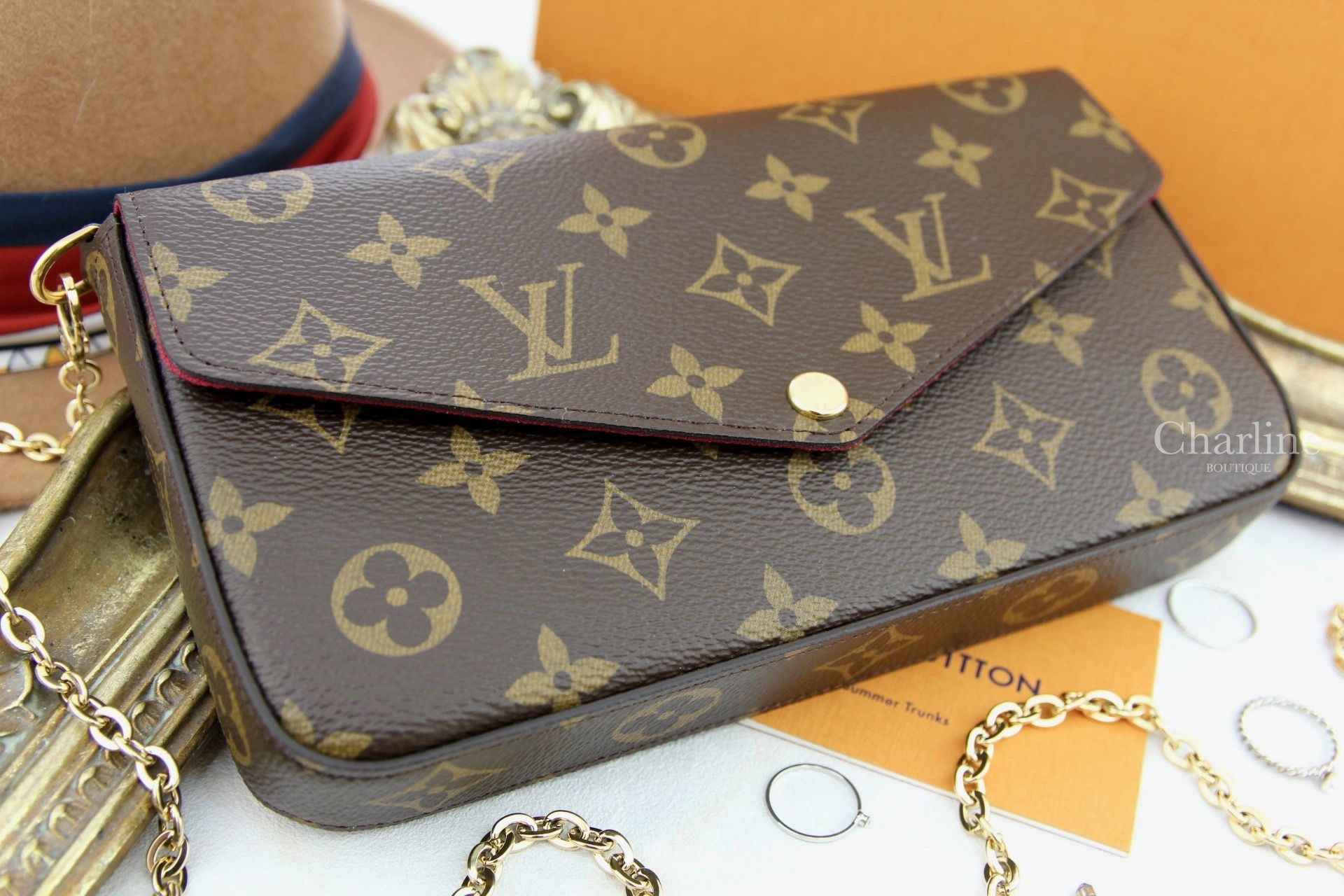 Louis Vuitton Pochette Felicie 咖啡色酒紅內裡鍊帶長夾-Charline Boutique 精品代購