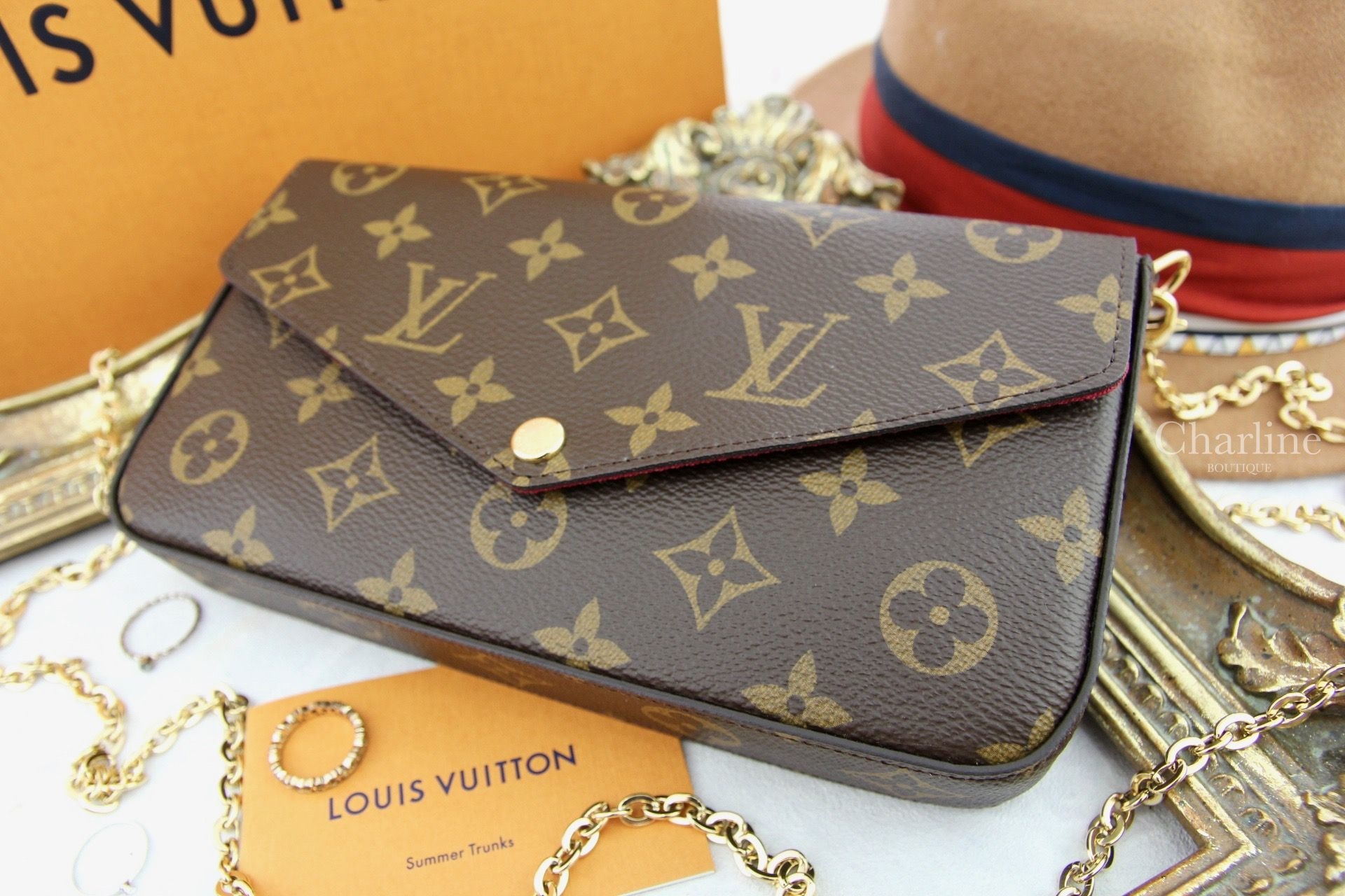 Louis Vuitton Pochette Felicie 咖啡色酒紅內裡鍊帶長夾-Charline Boutique 精品代購