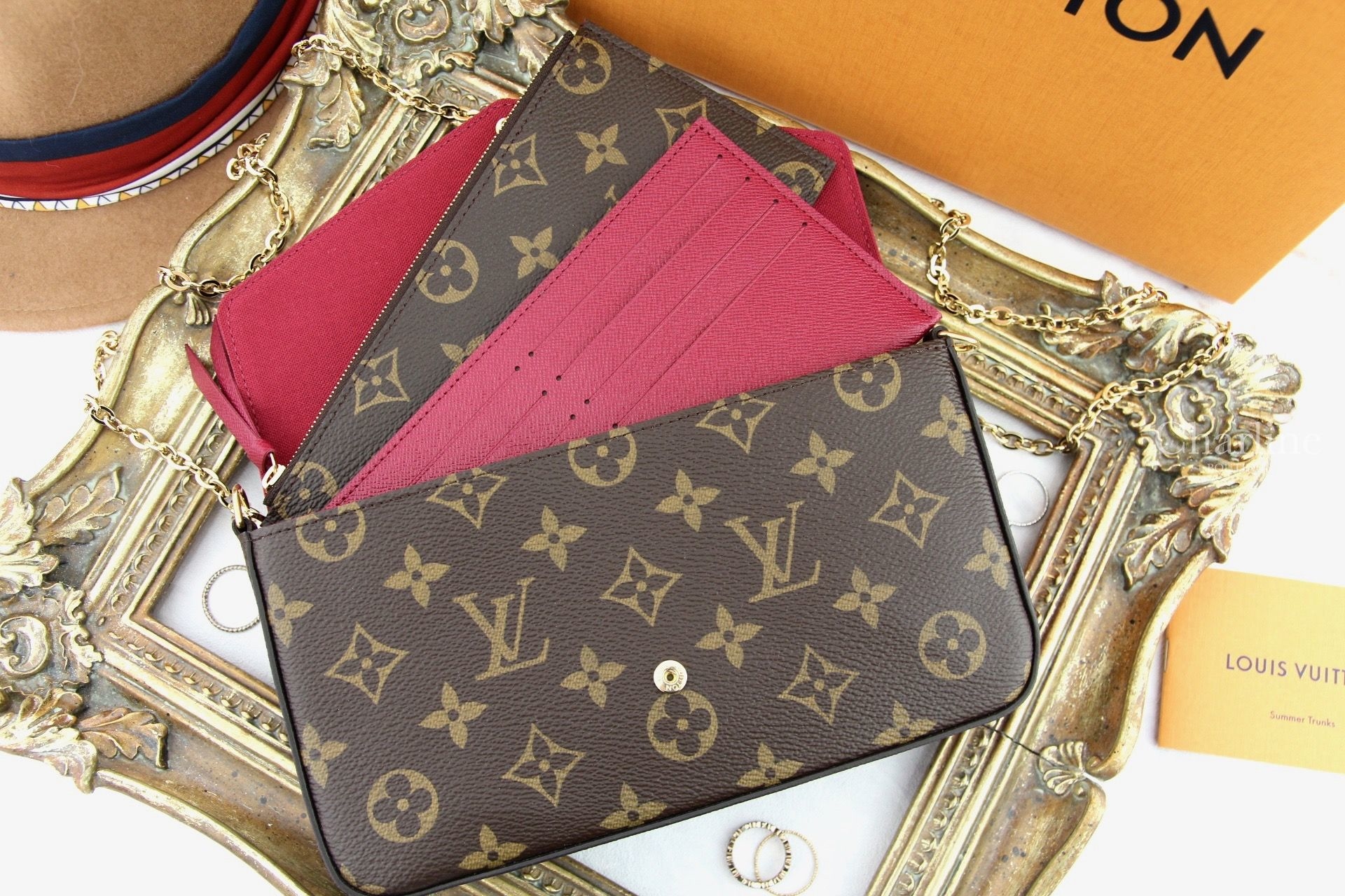 Louis Vuitton Pochette Felicie 咖啡色酒紅內裡鍊帶長夾-Charline Boutique 精品代購
