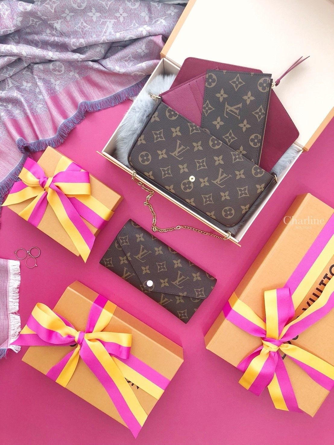 Louis Vuitton Pochette Felicie 咖啡色酒紅內裡鍊帶長夾-Charline Boutique 精品代購