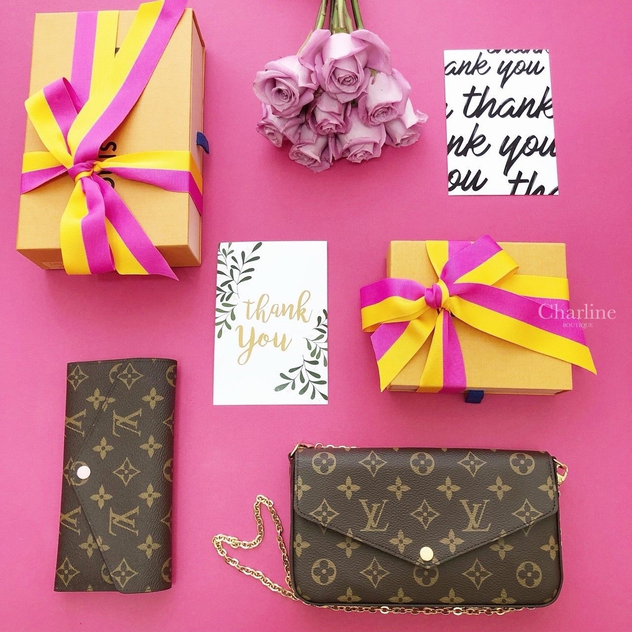 Louis Vuitton Pochette Felicie 咖啡色酒紅內裡鍊帶長夾-Charline Boutique 精品代購