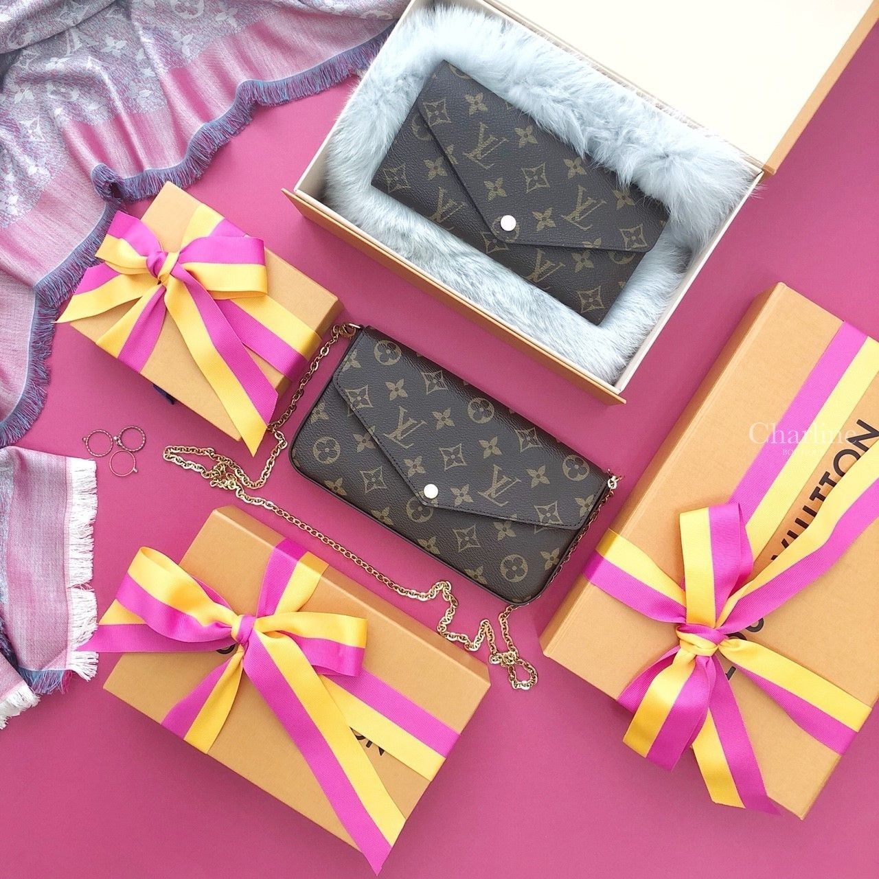Louis Vuitton Pochette Felicie 咖啡色酒紅內裡鍊帶長夾-Charline Boutique 精品代購