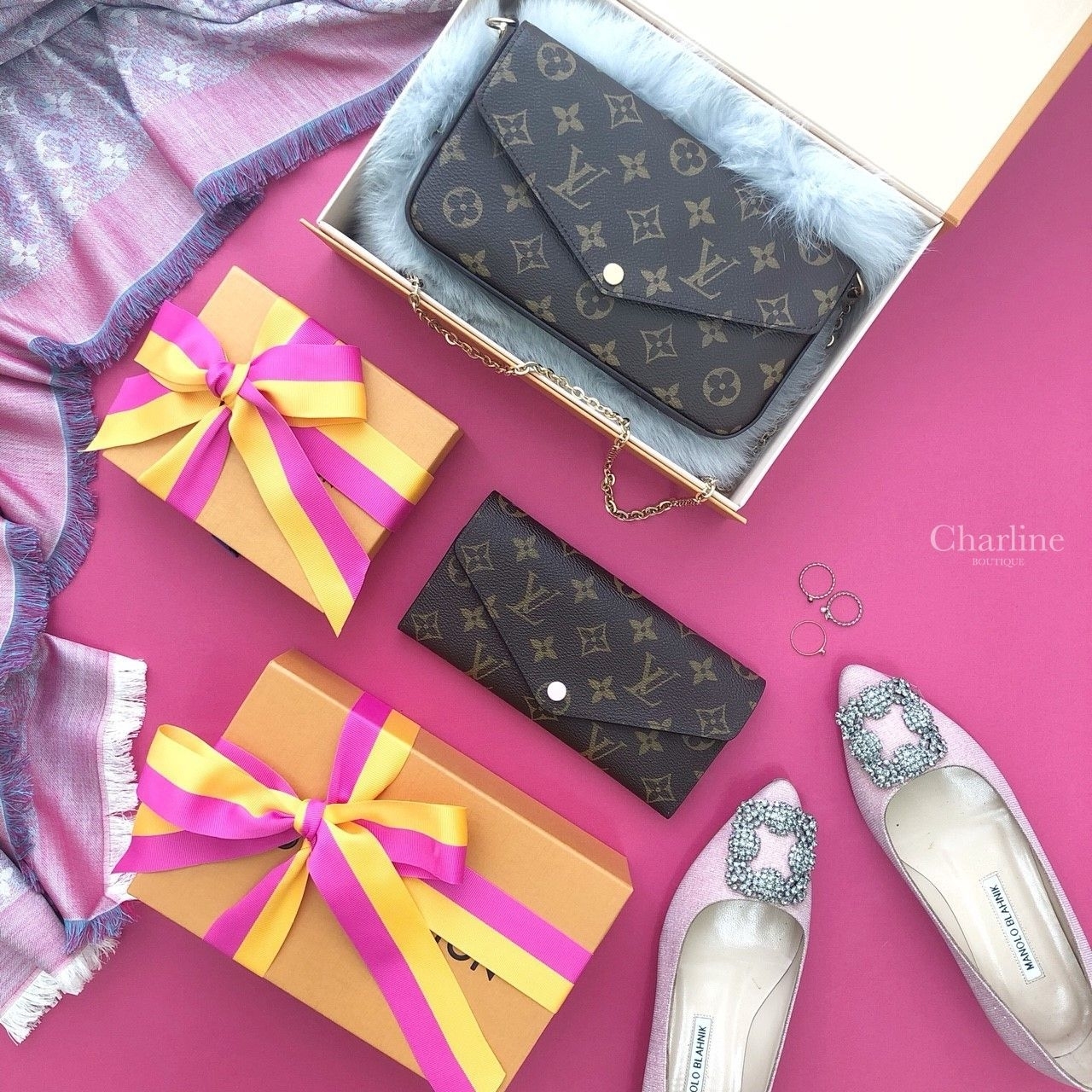 Louis Vuitton Pochette Felicie 咖啡色酒紅內裡鍊帶長夾-Charline Boutique 精品代購