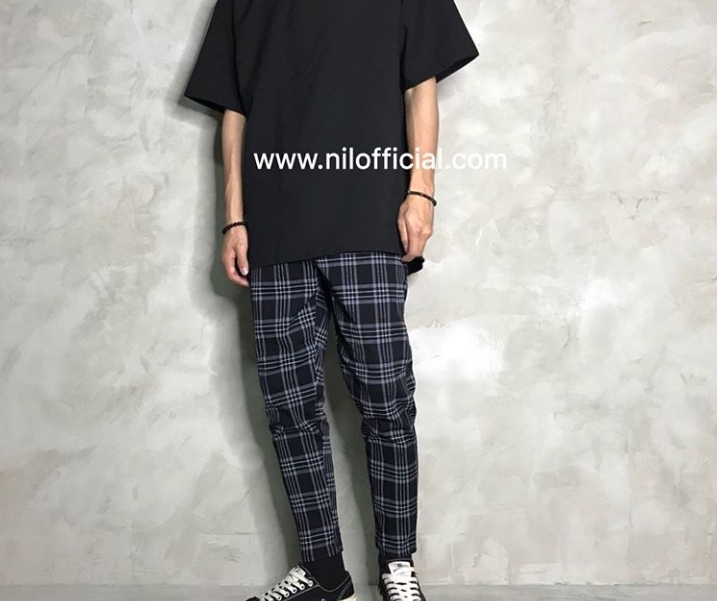 韓國 黑灰 九分 格紋 彈性褲