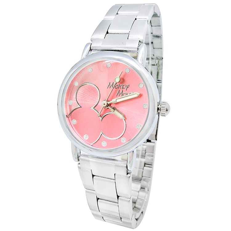 【迪士尼】鋼帶手錶-粉色框線米奇