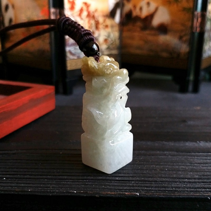 冰糯雙彩龍王印章, 天然翡翠A玉, 緬甸玉, Jade, Jadeite