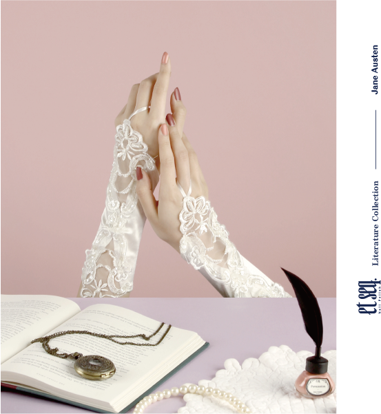 帶著蕾絲袖套的手 擦著粉色系的指甲油