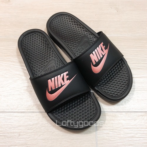 nike benassi slides women's black and rose gold