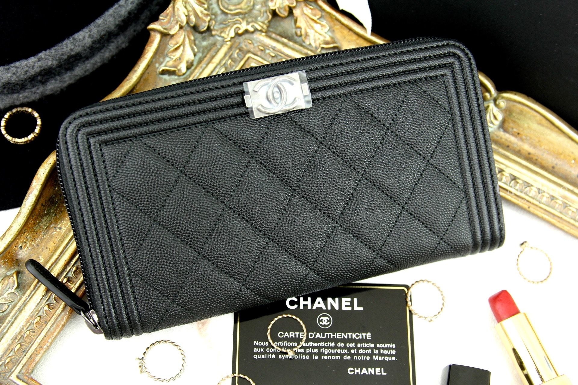 Chanel Boy Zipped Wallet 黑色銀CC荔枝紋拉鍊長夾