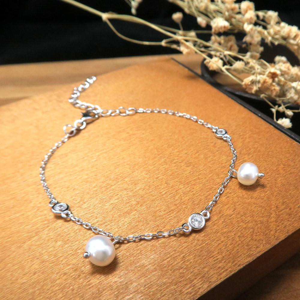 衛星星軌 垂墬珍珠 純銀手鍊 (2色可選-白K金/玫瑰金)