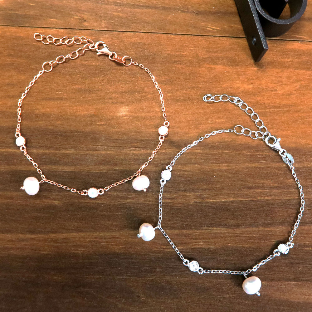 衛星星軌 垂墬珍珠 純銀手鍊 (2色可選-白K金/玫瑰金)